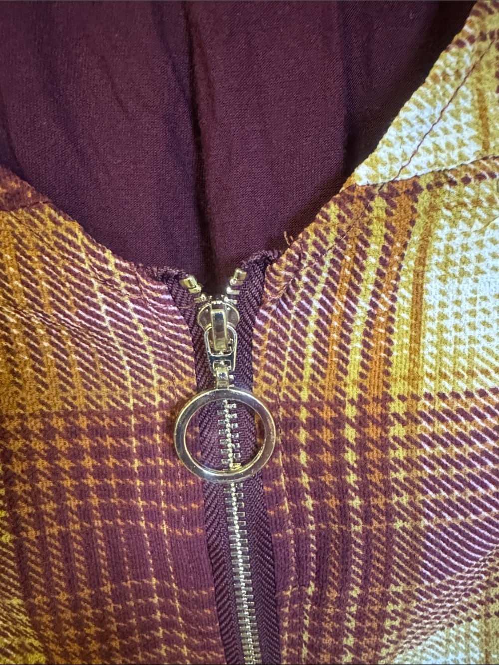 Janet Chung Plaid Zip-Front Women's Top in Burgundy and Mustard - Picture 3 of 6